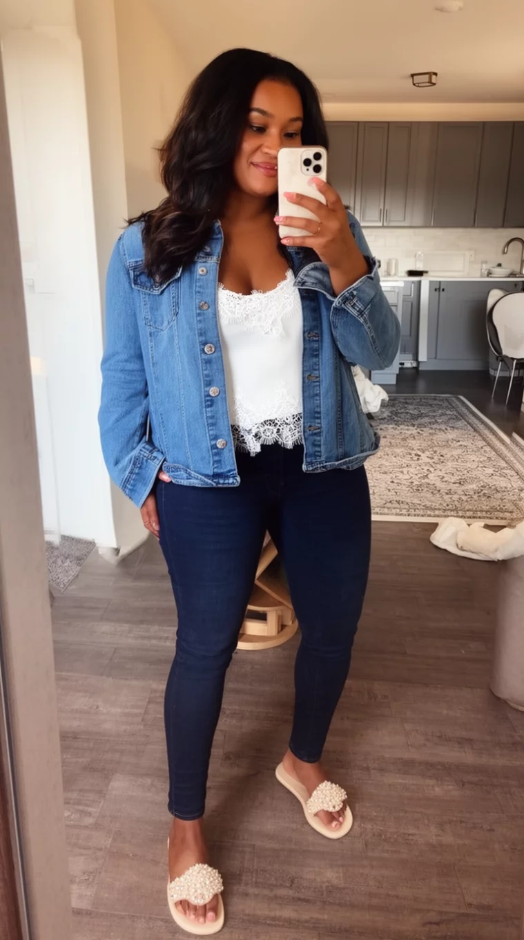 A beautiful woman in a white lace-trimmed camisole, dark skinny jeans, a blue denim jacket, light colored jeweled flat sandals, she takes a mirror selfie.