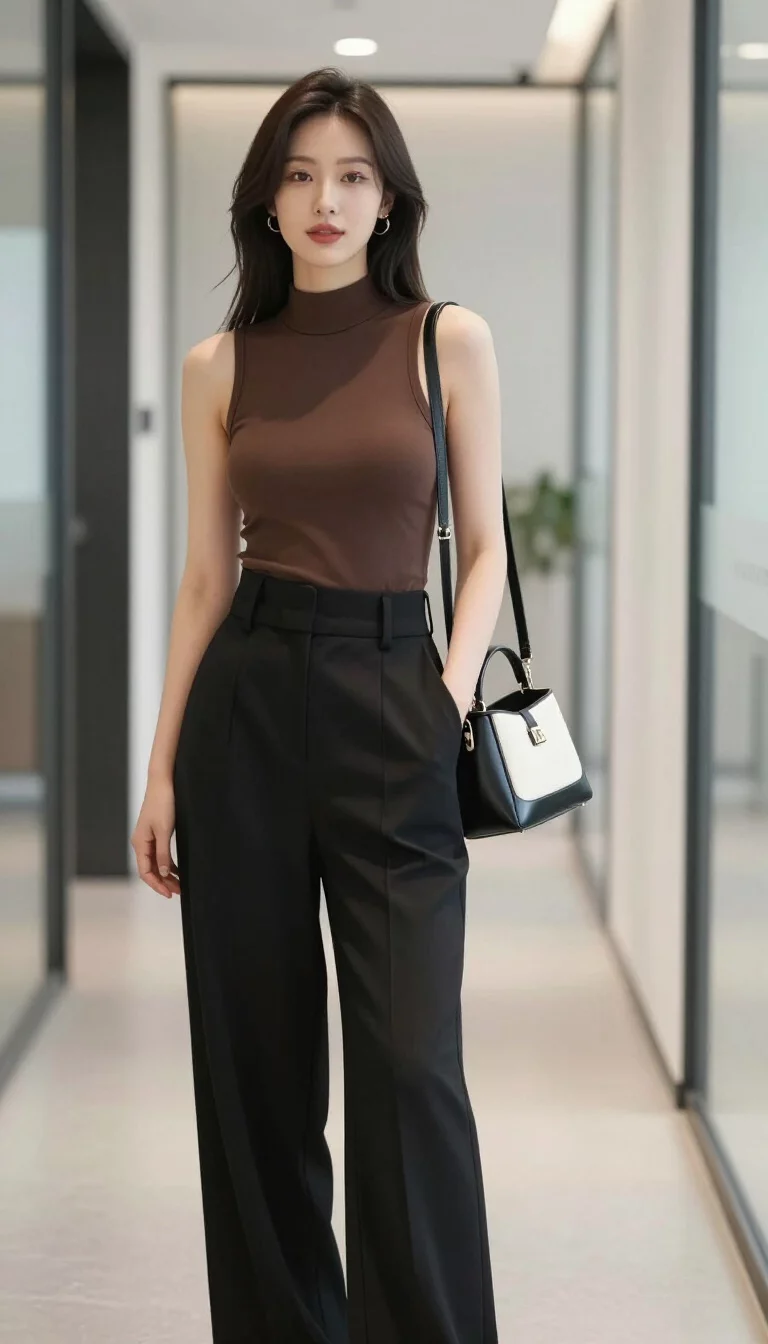 A beautiful woman in a fitted brown sleeveless top, high-waisted black wide-leg belted trousers, she carries a small black and white structured shoulder bag in an office hallway.