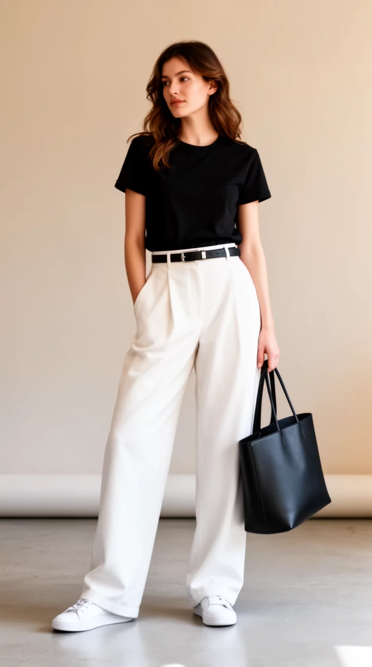 A beautiful woman in a black t-shirt tucked into high-waisted white wide-leg trousers, a thin black belt, white sneakers, she carries a large black tote bag while posing.