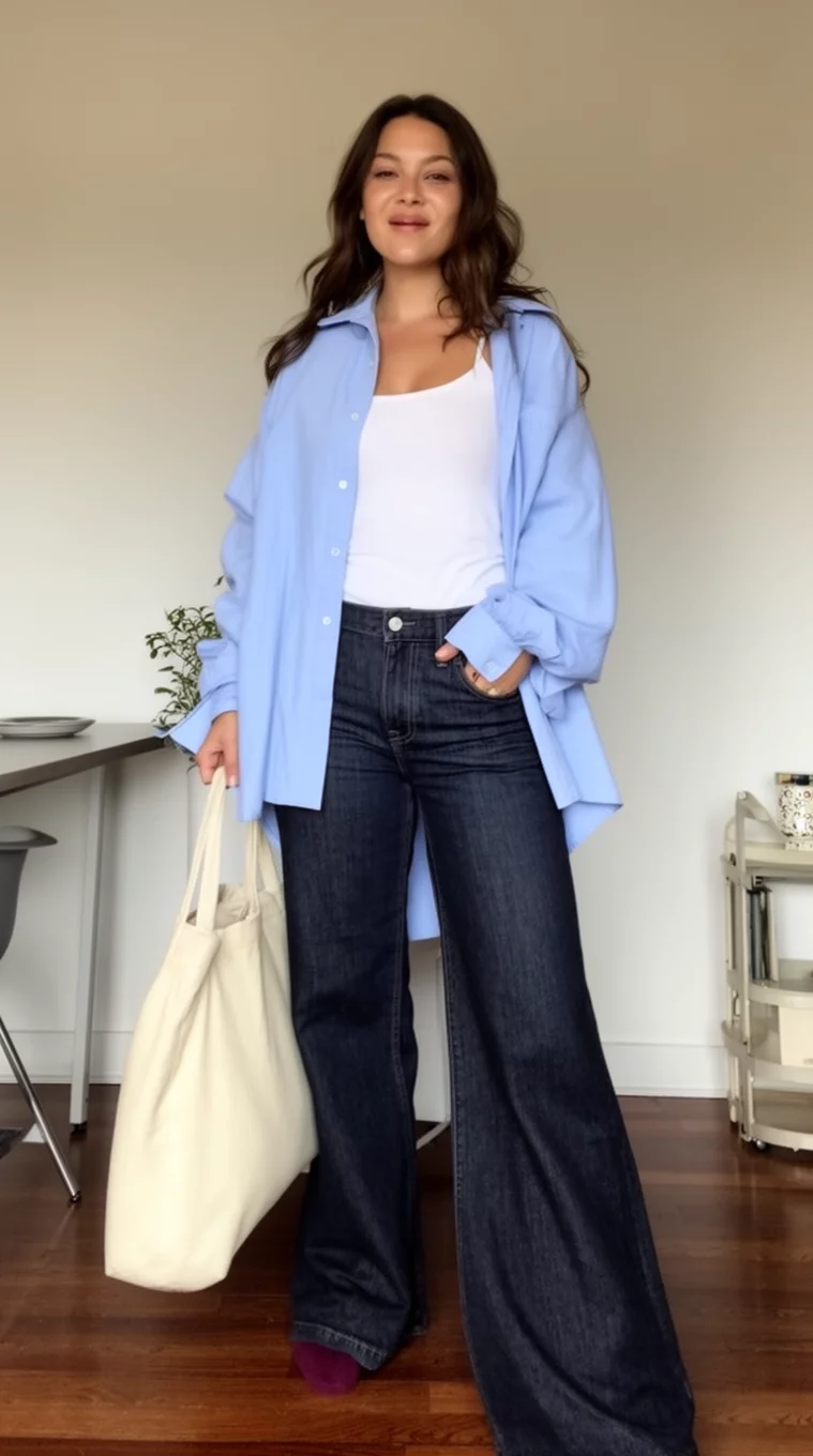 A beautiful woman in a white tank top, dark wash wide-leg jeans, a light blue oversized button-down shirt worn open, she carries a cream tote bag while posing indoors.