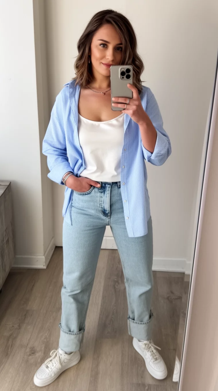 A beautiful woman in a white camisole, a light blue pinstriped button-down shirt worn open, light wash cuffed jeans, white sneakers, she takes a mirror selfie.