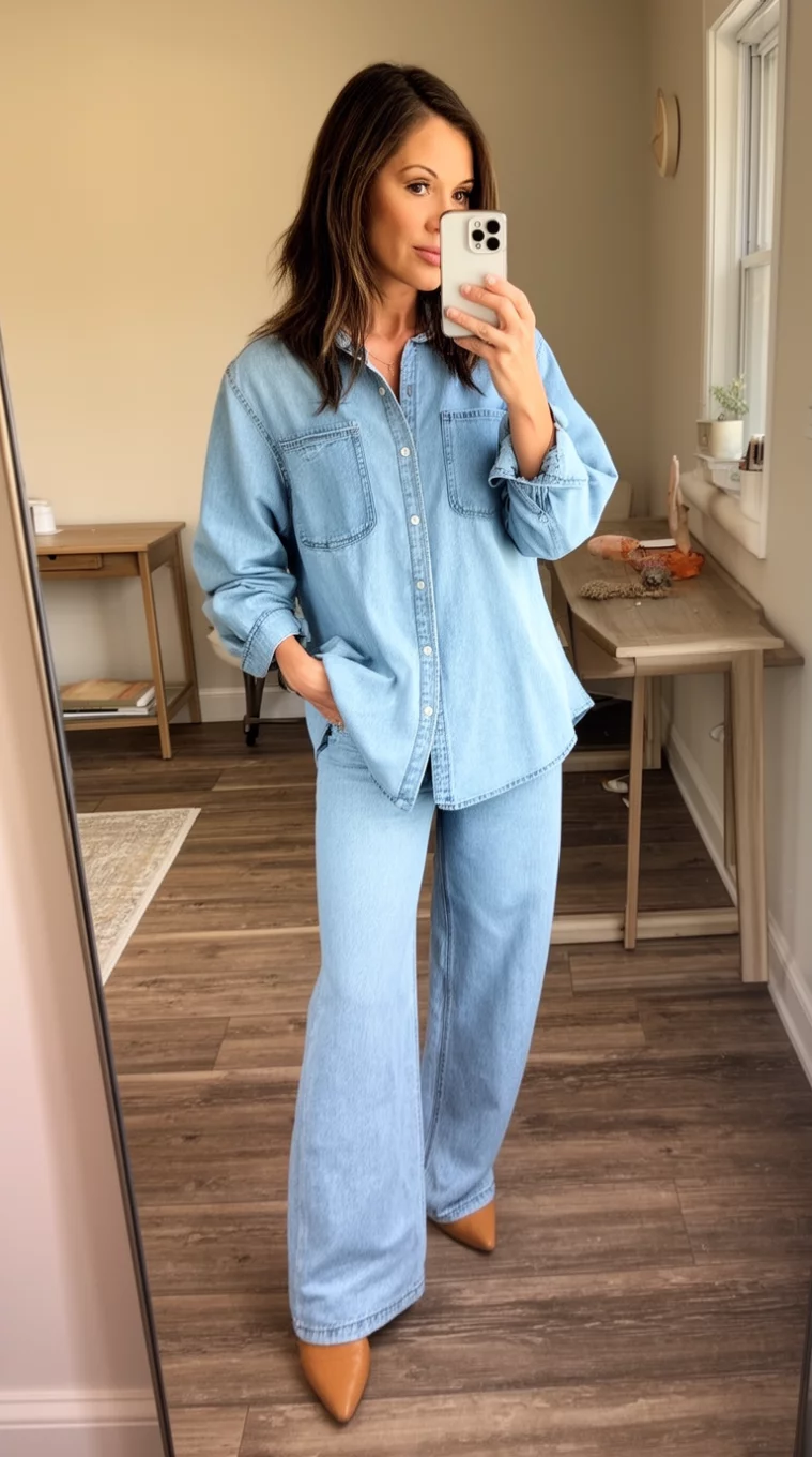 A beautiful woman in an oversized light blue denim button-down shirt, matching light blue wide-leg denim pants, tan pointed flats, she takes a mirror selfie.