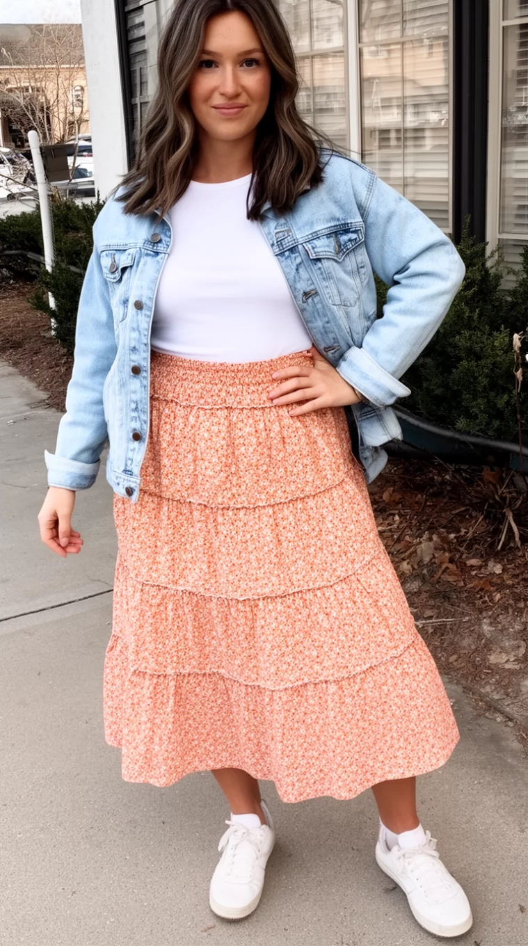A beautiful woman in a white top, a smocked tiered midi skirt with a peach-toned micro-floral print, a light wash denim jacket, white sneakers, she poses for a casual look.