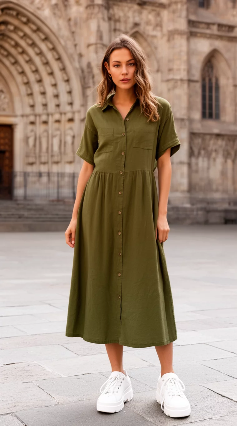 A beautiful woman in an olive green button-front midi dress with short sleeves, white lace-up platform sneakers, she stands in front of historic architecture.