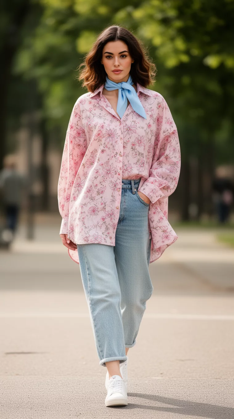A beautiful woman in a light blue neck scarf, a voluminous light pink floral button-up shirt, light wash cropped loose jeans, white sneakers, she walks outdoors.