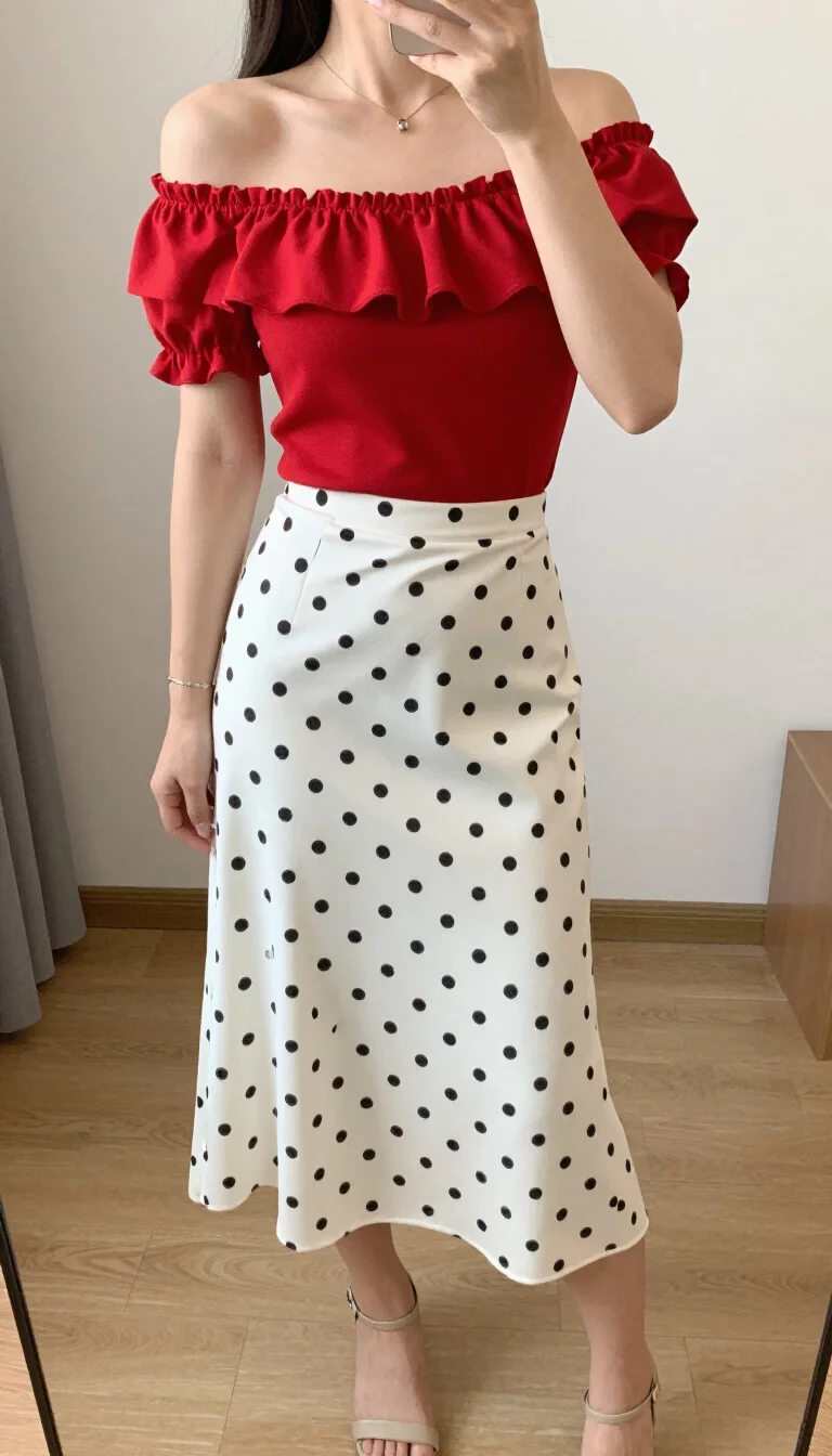 A beautiful woman in a red off the shoulder ruffled crop top, a high waisted white midi skirt with black polka dots, and neutral heeled sandals, indoor selfie, face not visible.