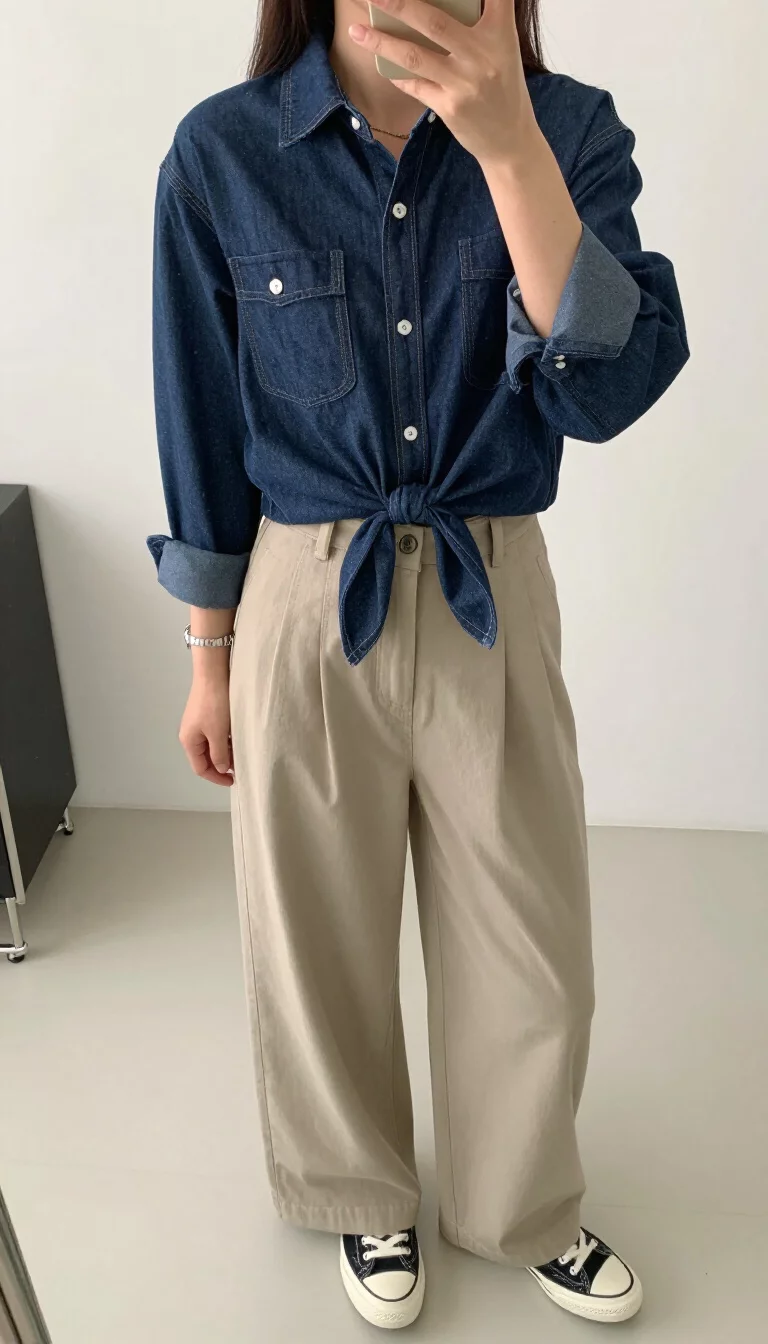 A beautiful woman in a dark wash denim button down shirt tied at the front, wide leg beige trousers, and black sneakers, indoor selfie, face not visible.