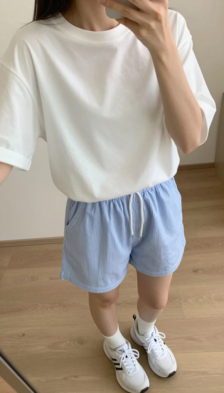 A beautiful woman in an oversized white t shirt, light blue and white striped relaxed shorts, white socks, and white athletic sneakers, indoor selfie, face not visible.