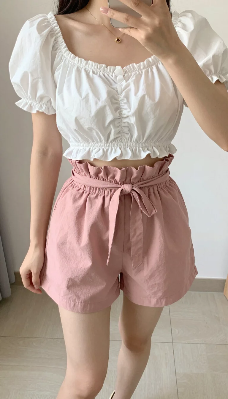 A beautiful woman in a white ruched puff sleeve crop top, dusty rose paperbag waist shorts with a tie belt, and beige espadrille sandals, indoor selfie, face not visible.