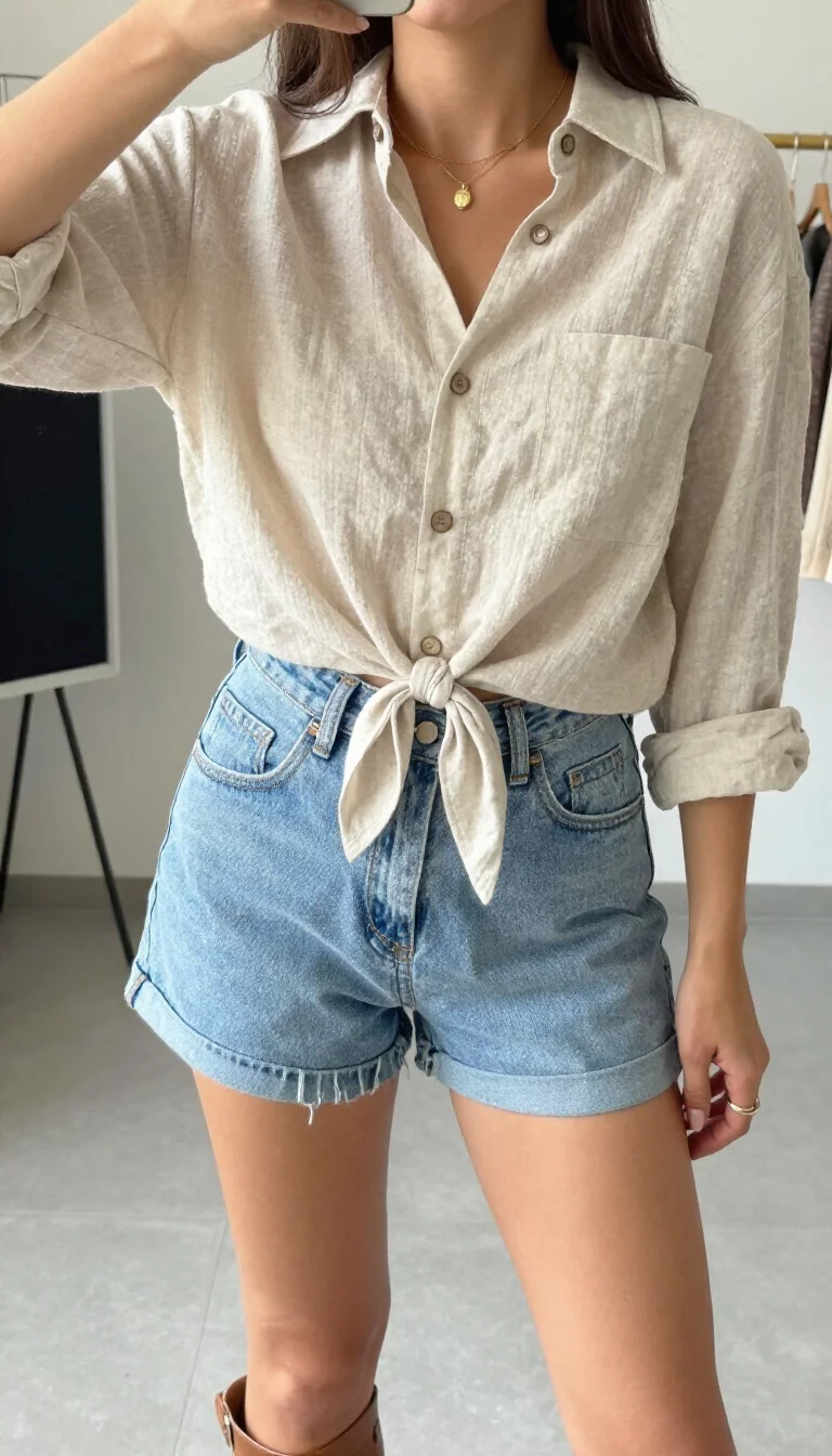 A beautiful woman in a beige linen button down shirt tied at the waist, light blue high waisted rolled denim shorts, and brown wedge sandals, indoor selfie, face not visible.