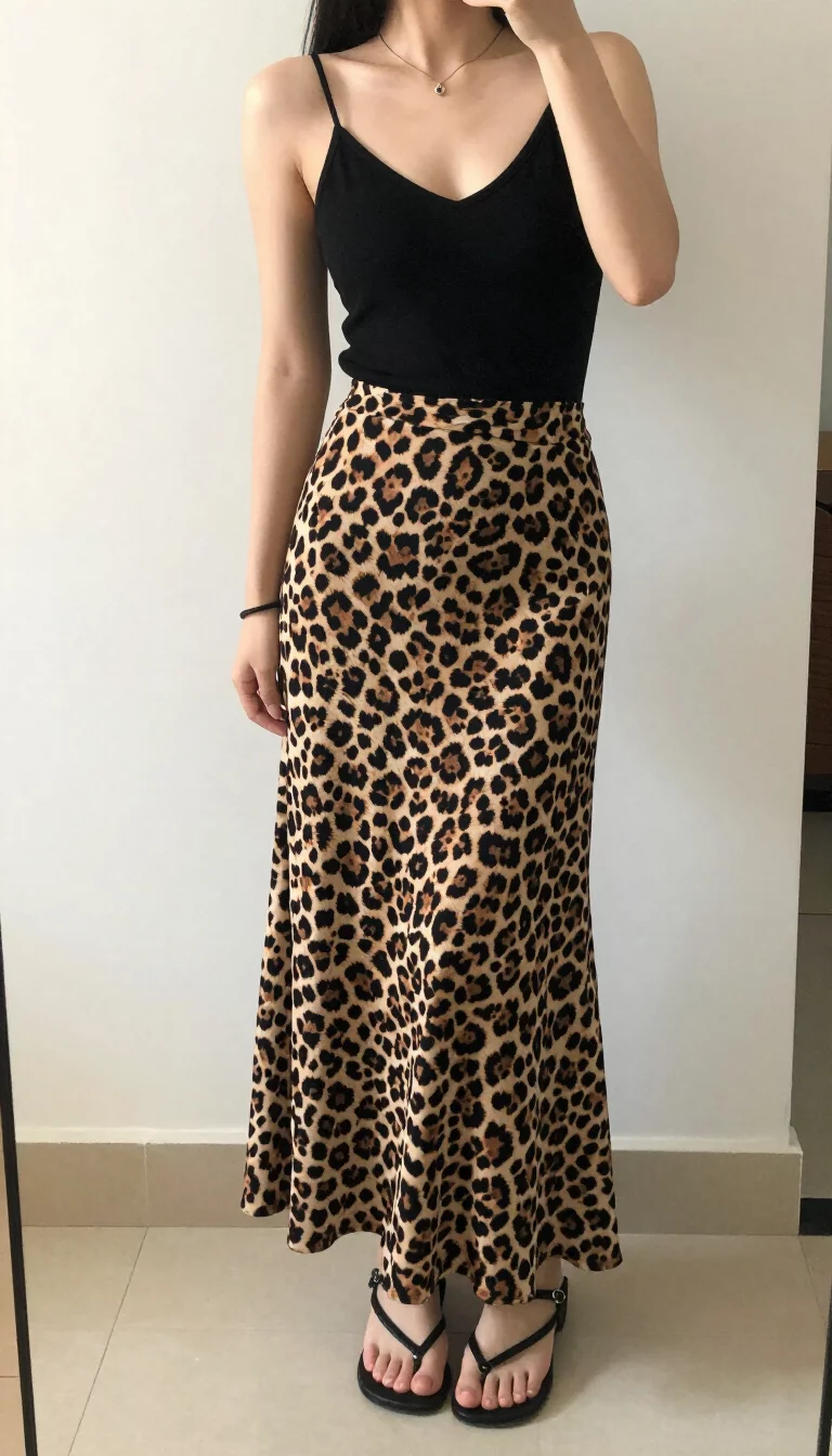 A beautiful woman in a black V neck camisole, a long leopard print wrap style maxi skirt, and black thong sandals, indoor selfie, face not visible.