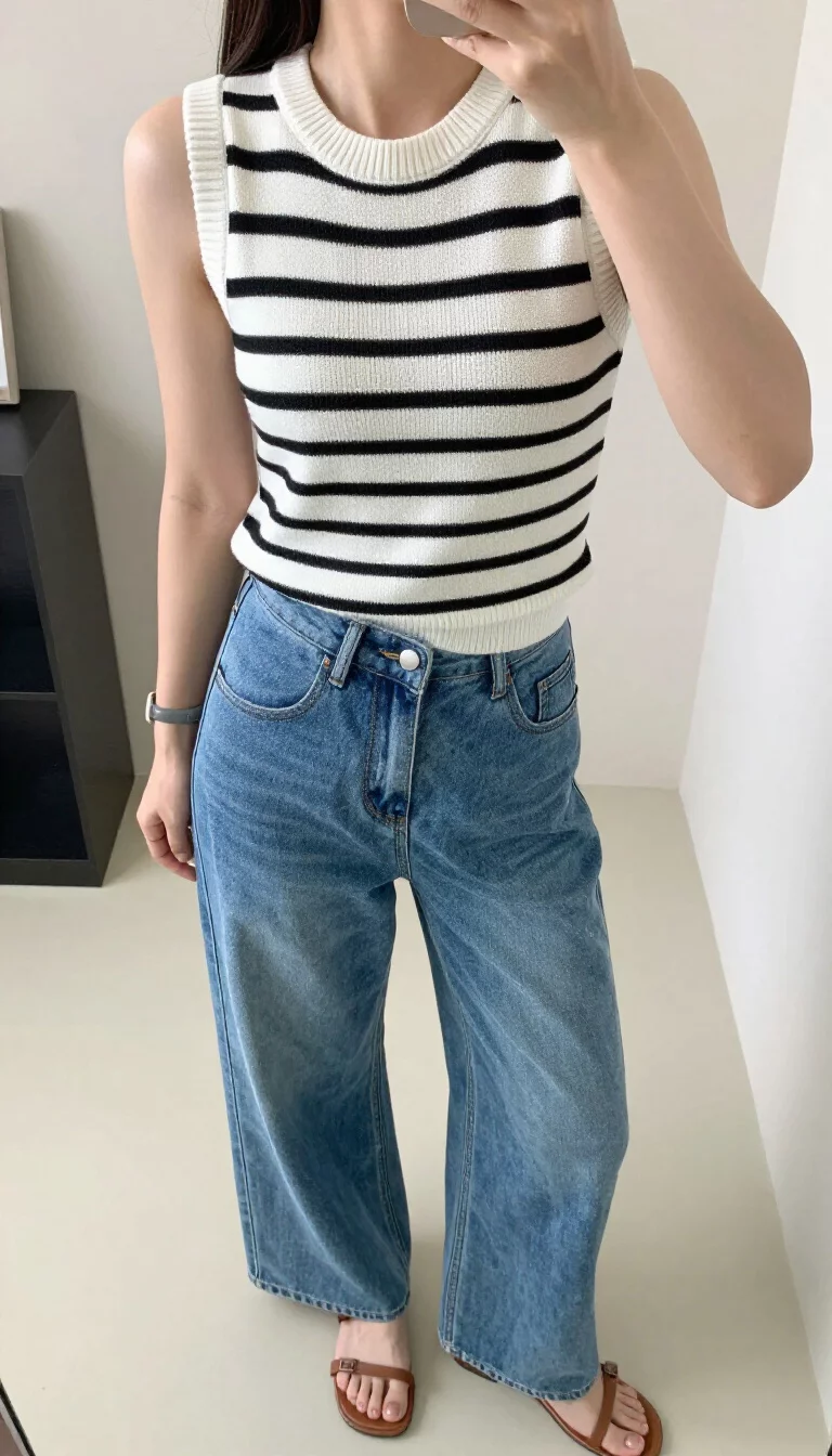 A beautiful woman in a white and black horizontal striped knit sleeveless top, high waisted wide leg blue jeans, and brown flat sandals, indoor selfie, face not visible.