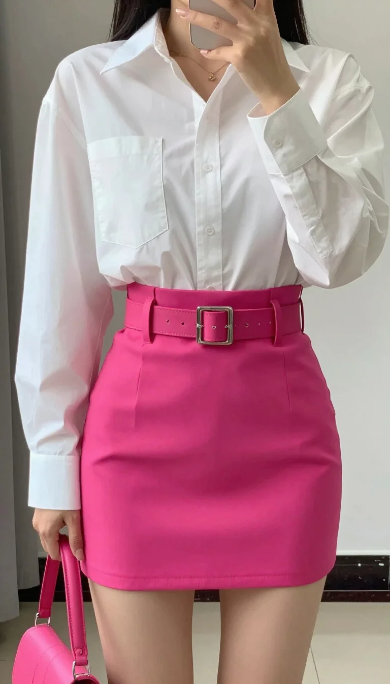 A beautiful woman in an oversized white button down shirt, a bright fuchsia high waisted wrap mini skirt with a branded belt, and a matching pink bag, indoor selfie, face not visible.