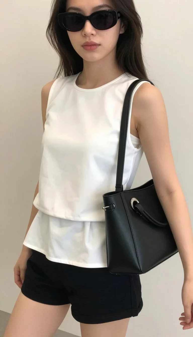 A beautiful woman in a white sleeveless layered top, black shorts, dark black sunglasses, and a black structured handbag, indoor selfie, face not visible.