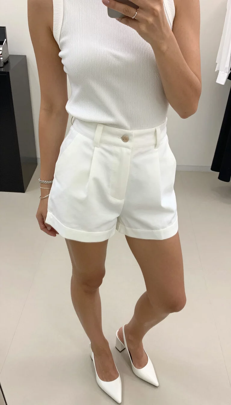 A beautiful woman in a white sleeveless striped top, white high waisted shorts, and white block heeled pointed toe shoes, indoor selfie, face not visible.