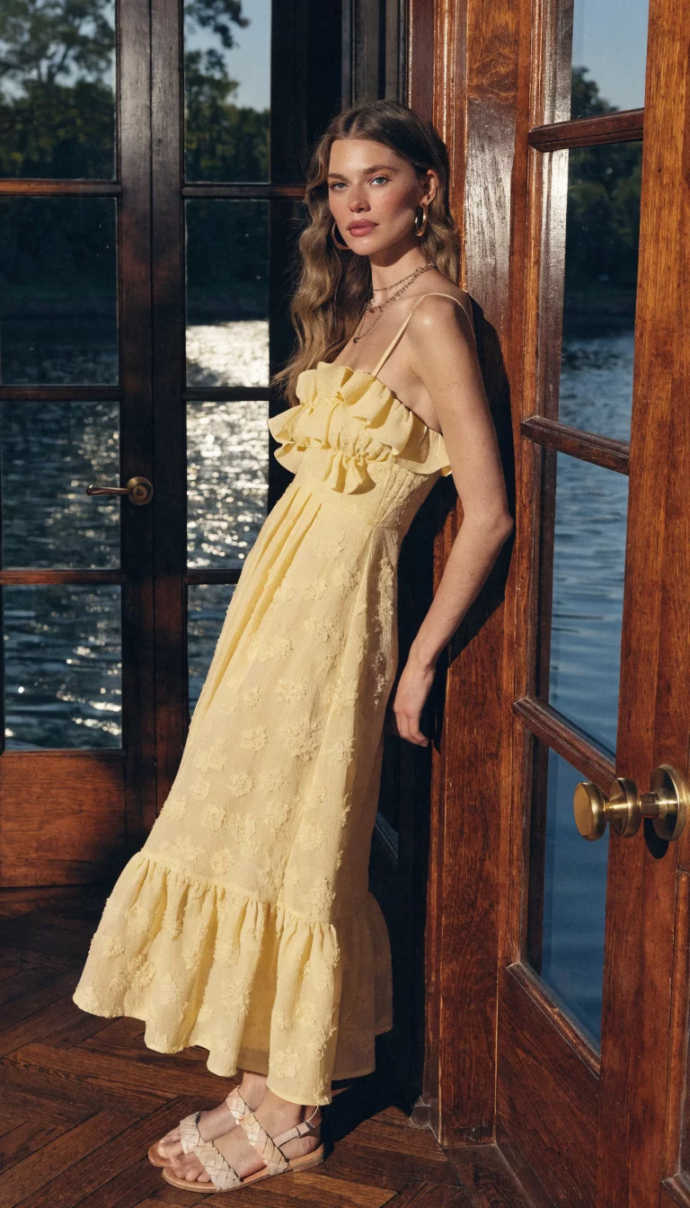 A beautiful woman in a pale yellow spaghetti strap midi dress with a structured bodice, posing against dark wood paneling with sunlight reflecting off water outside.