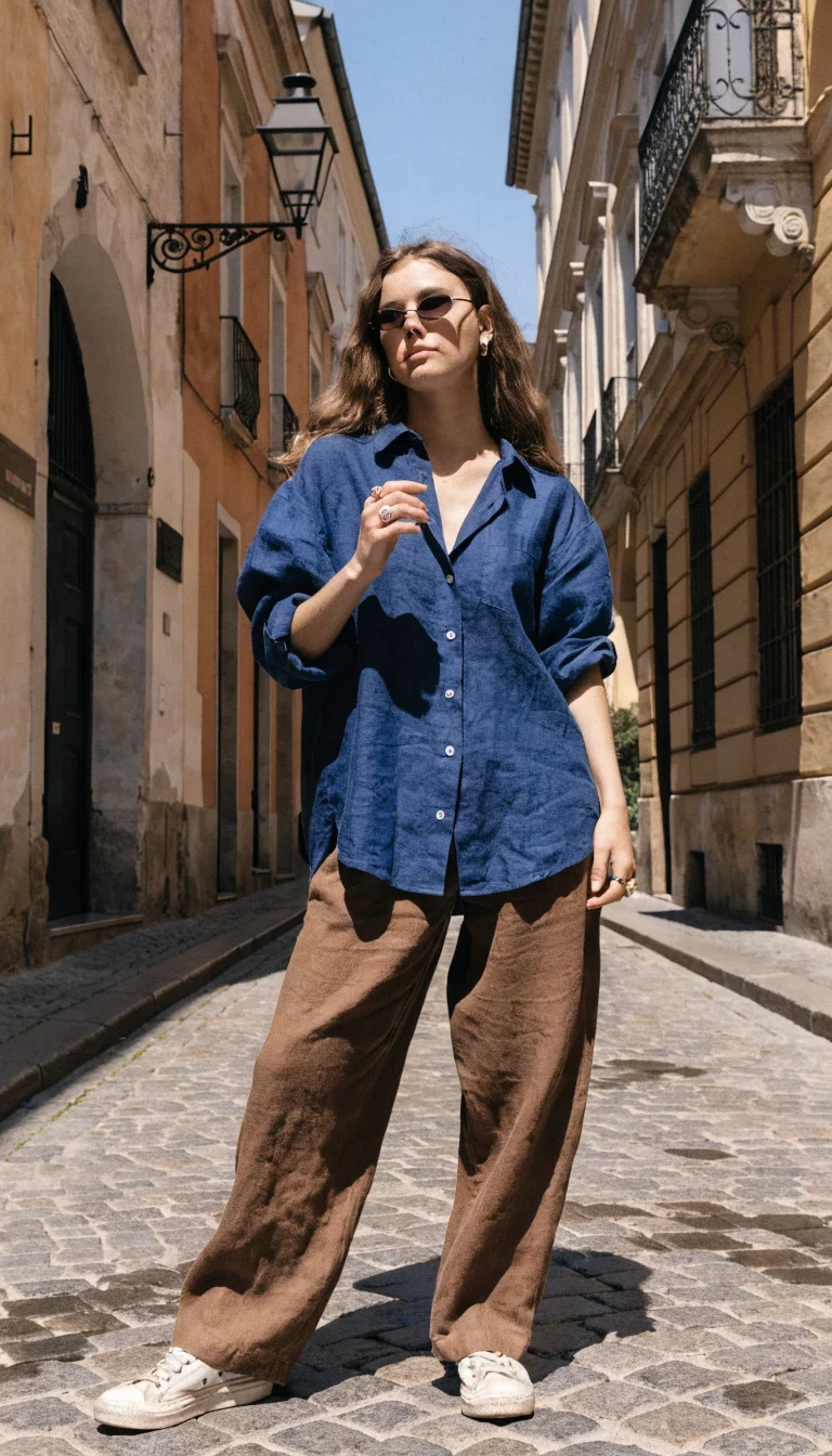 A beautiful woman in an unbuttoned oversized blue linen shirt and brown bottoms, wearing dark oval sunglasses, standing in a narrow sunlit European street.