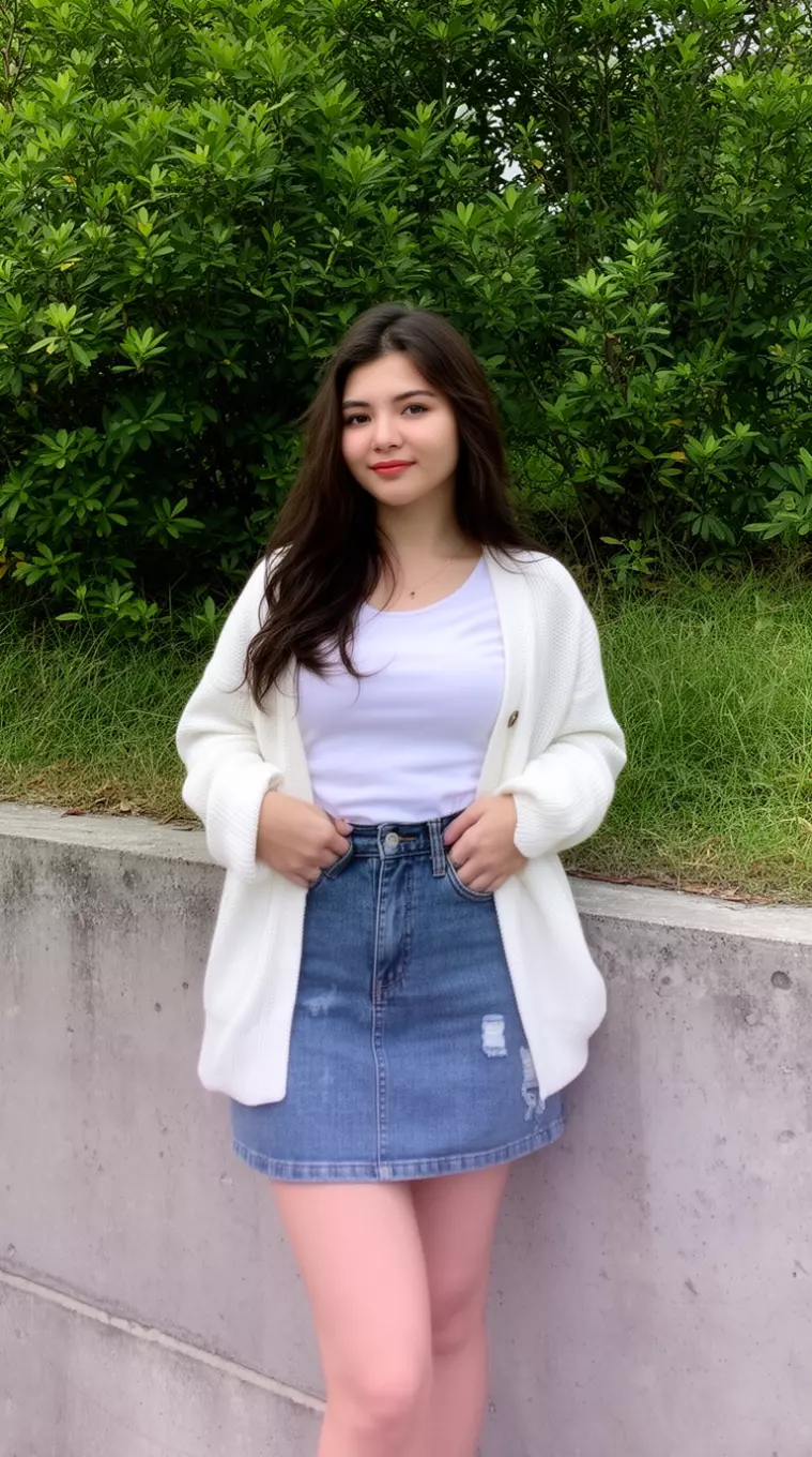 A beautiful young woman in a white top, a short denim skirt, and a white cardigan standing outdoors near greenery and a low concrete barrier.
