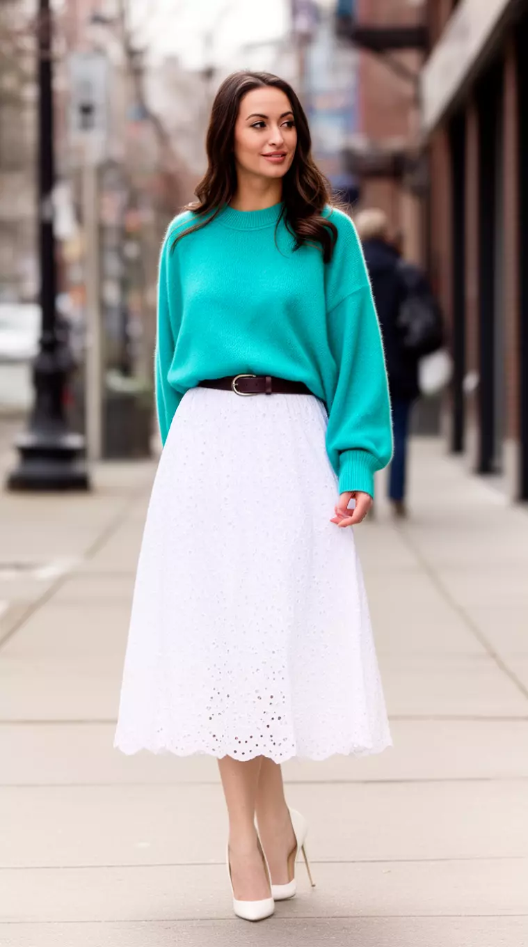 A beautiful woman in a vibrant teal oversized sweater, a white eyelet midi skirt, a dark belt, and white heels posing on a city sidewalk.