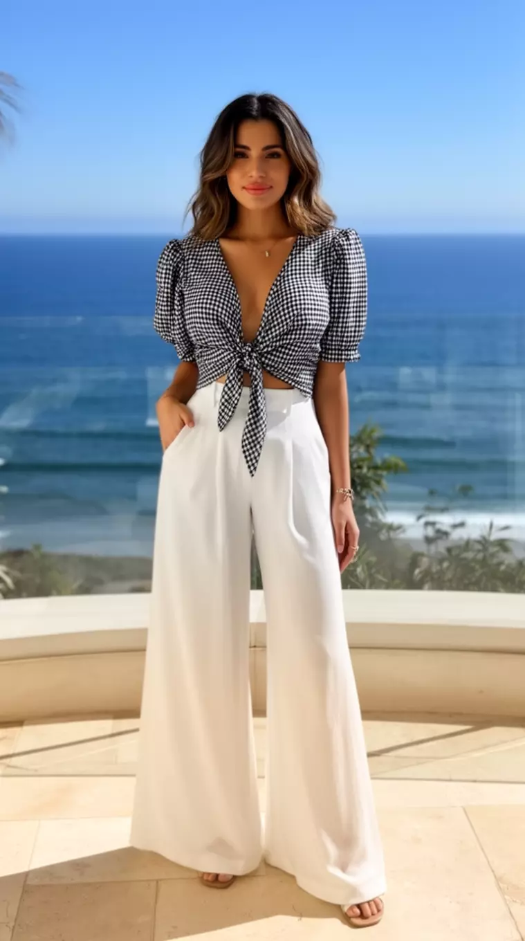 A beautiful woman in a black and white gingham tie front top and wide leg white pants standing on a patio with an ocean view.