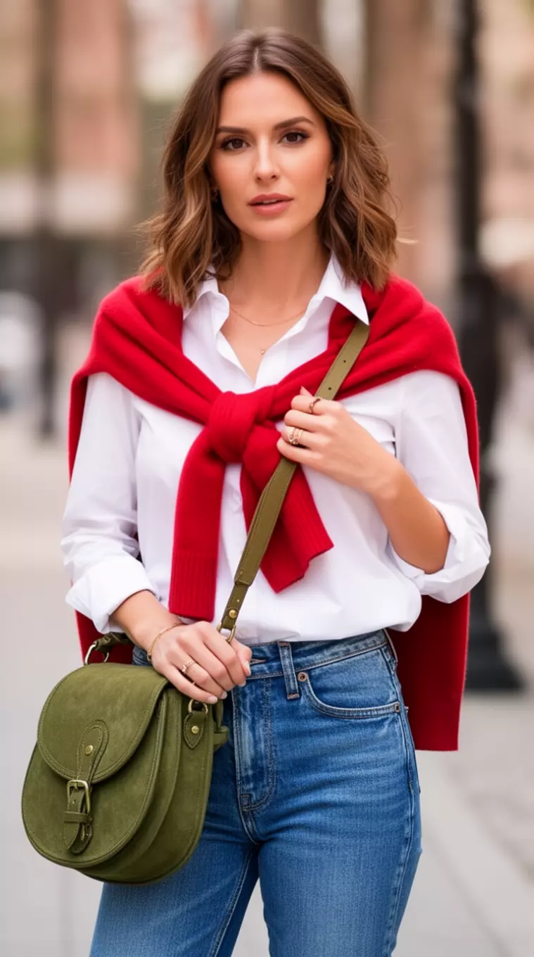 A beautiful woman in a white button down shirt with a red sweater draped over her shoulders, wearing blue jeans and an olive green saddlebag.
