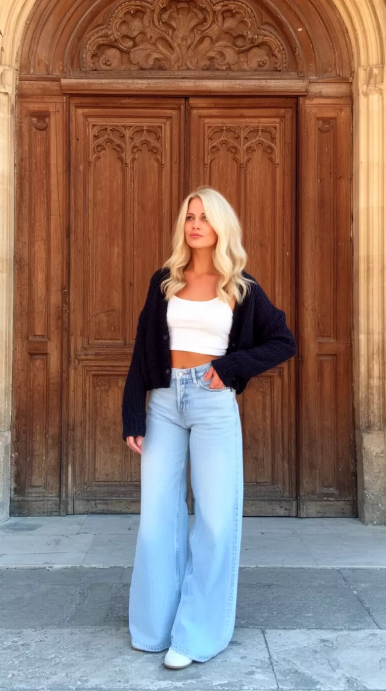 A beautiful blonde woman wearing light wash wide leg jeans, a white crop top, and a dark cropped cardigan standing near a large ornate wooden doorway.
