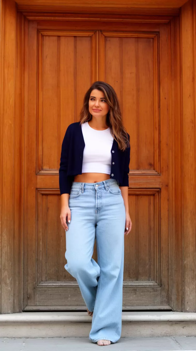 A beautiful woman standing framed by a large wooden door, wearing a white crop top, a dark navy cropped cardigan, and light blue wide leg jeans.