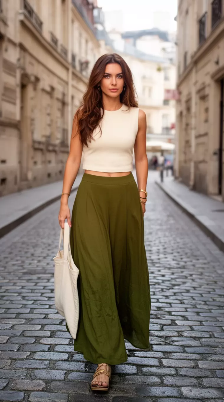 A beautiful woman in a cream colored cropped vest top, an olive green maxi skirt, and a tote bag walking along a European style cobblestone street.
