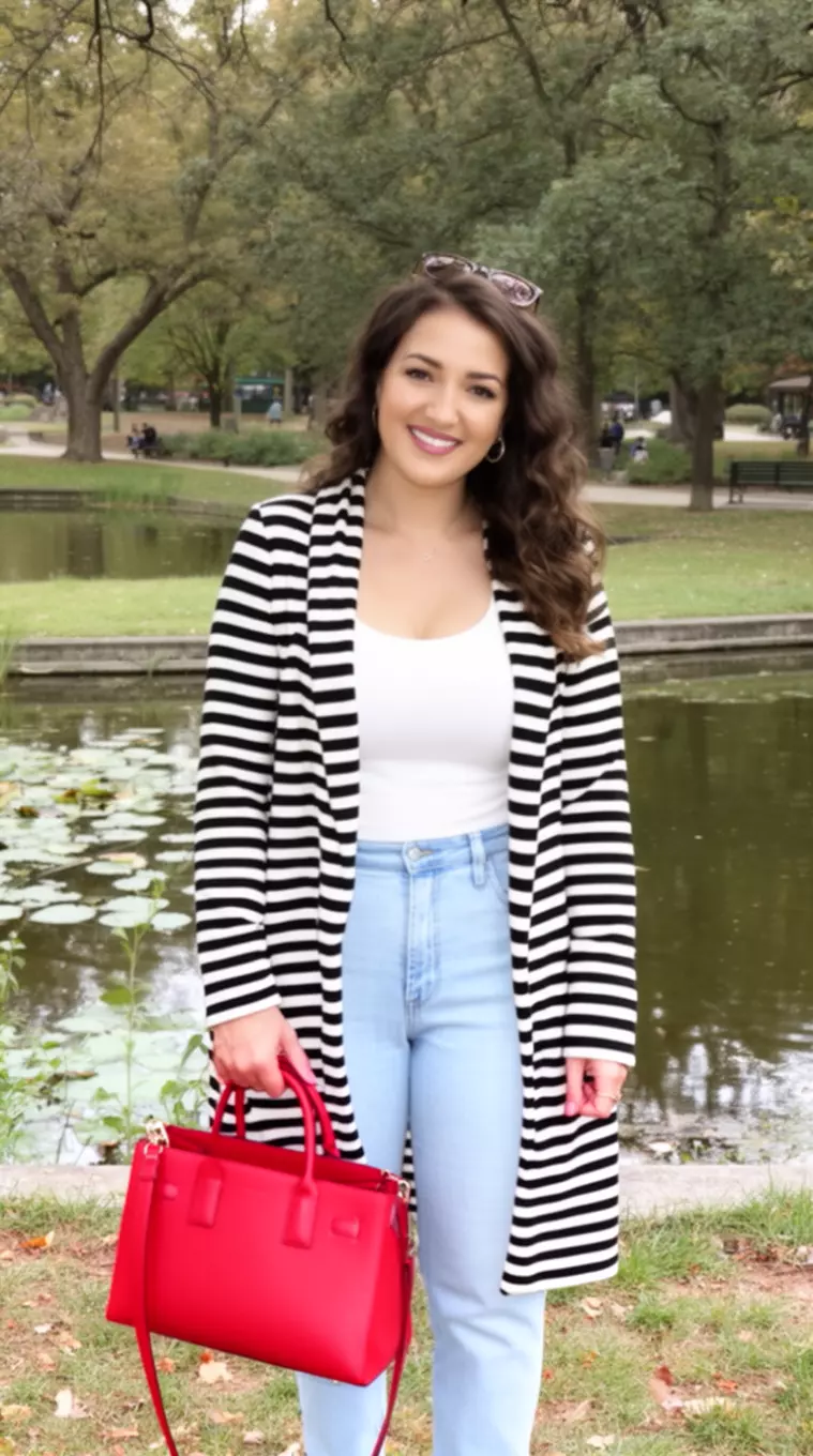 A beautiful woman in a black and white striped cardigan, white top, light wash jeans, and a red handbag smiling by a park pond.