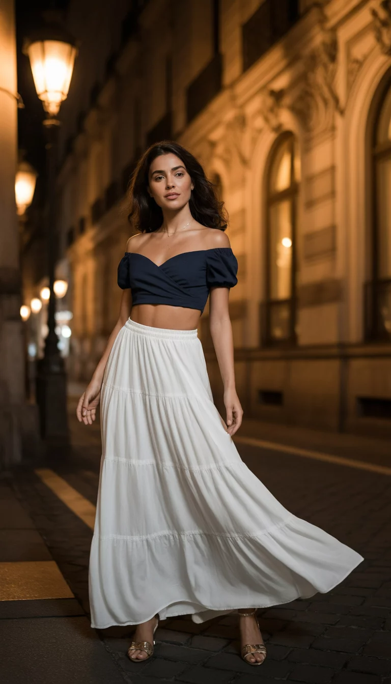 A beautiful woman in a navy off-the-shoulder crop top and a flowing white tiered maxi skirt on dark cobblestones before illuminated architecture.