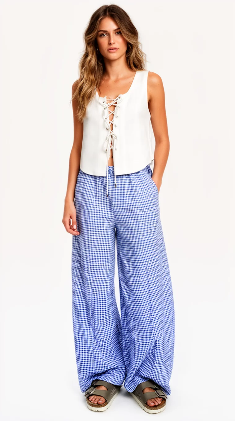A beautiful woman in a white lace-up vest top and wide blue and white gingham trousers with chunky Birkenstock-style sandals.