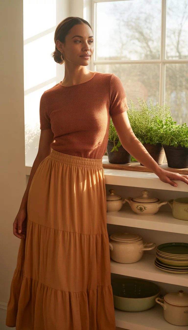A beautiful woman in a striped rust-colored fitted top and a tiered flowing orange maxi skirt, captured indoors near a kitchen shelf display.