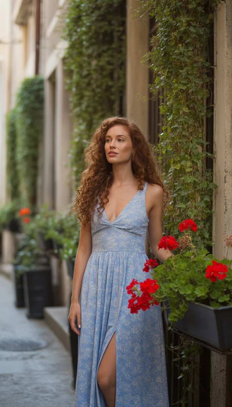 A beautiful woman in a light blue floral print low-cut maxi dress with a side slit on a quaint vine-covered cobblestone alleyway.