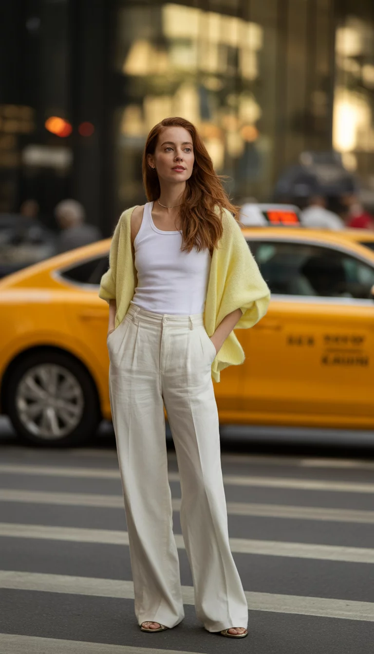 A beautiful woman in wide-leg white pants, a white tank, and a light yellow sweater draped over the shoulders in a city setting.
