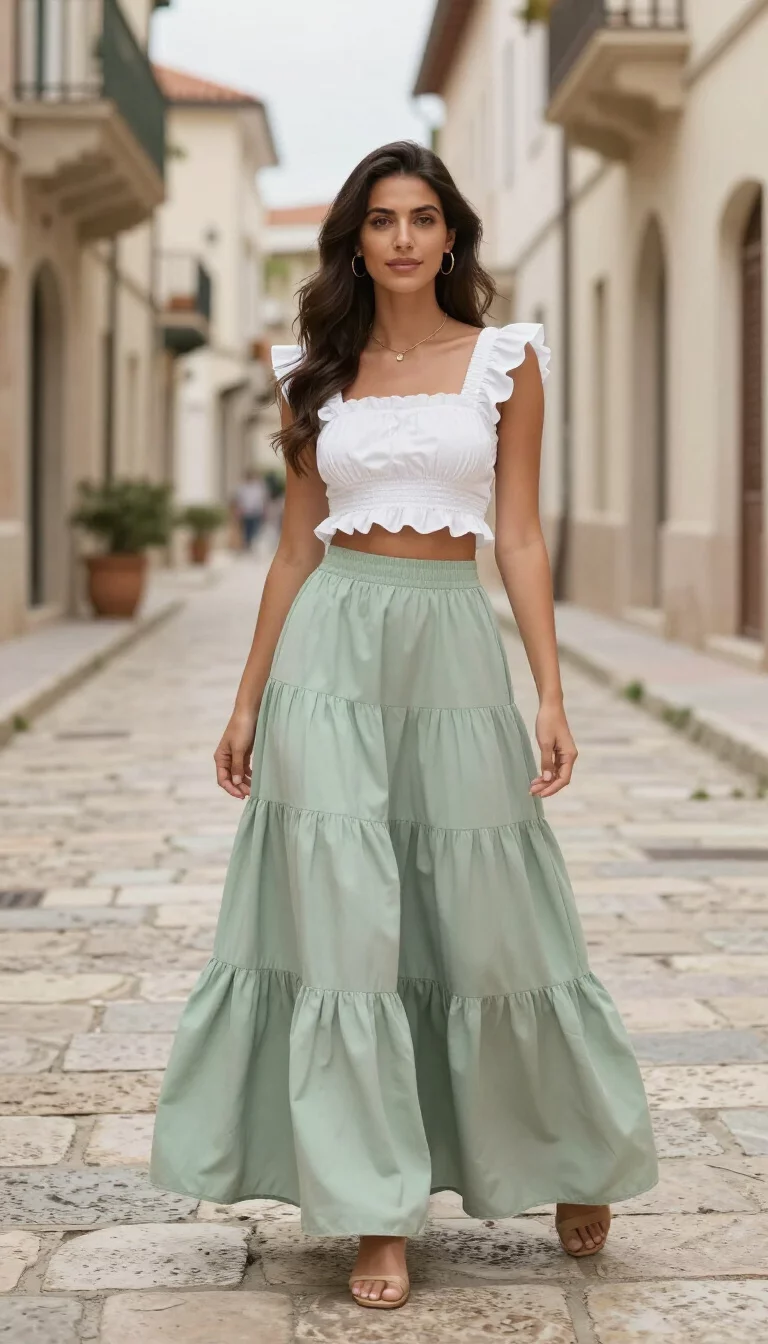 A beautiful woman in a white ruffled crop top and a voluminous sage green tiered maxi skirt on a charming uneven stone street.