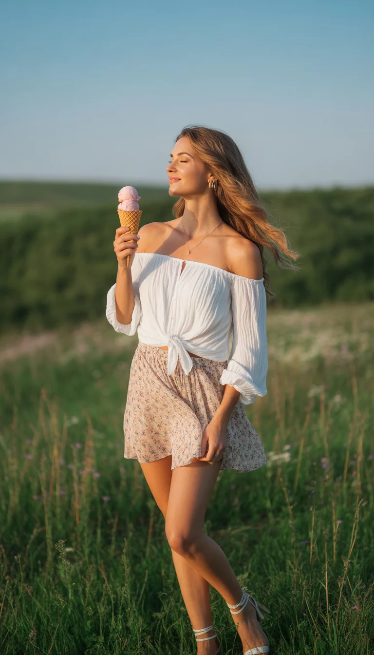 A beautiful woman in an off-the-shoulder white top, a draped floral mini skirt, and white ankle-tie sandals while holding ice cream.