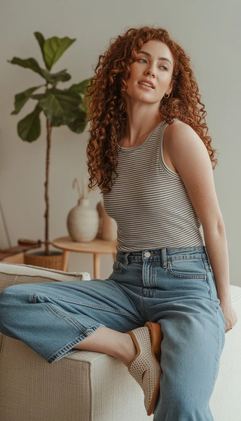 A beautiful woman posing indoors with wavy hair, wearing a black and white striped tank top, high-waisted relaxed jeans, and woven mules, with simple home decor accents.