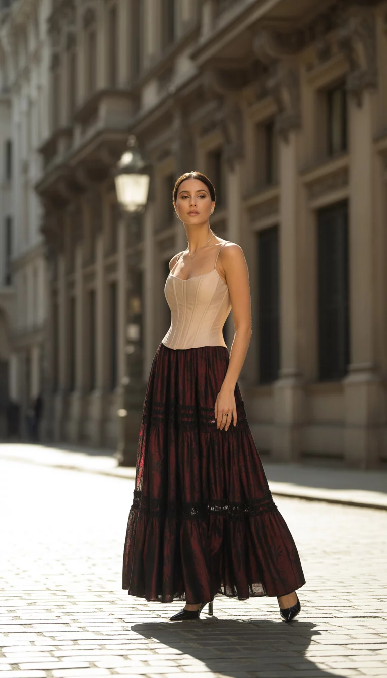 A beautiful woman in a fitted beige corset-style top and a tiered, dark red lace-trimmed maxi skirt, posing elegantly on a city sidewalk with ornate architecture.