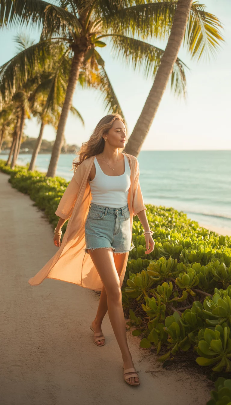 A beautiful woman on a sunny seaside path, wearing a white tank, light blue high-waisted denim shorts, a peach cardigan, and nude sandals, with palm trees nearby.