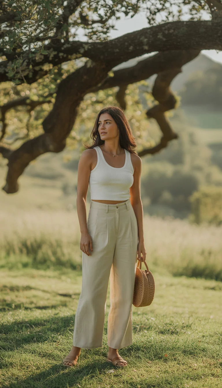A beautiful woman standing outdoors under a tree, wearing a white ribbed tank top, high-waisted cream wide-leg trousers, and brown flat sandals, holding a circular straw bag.