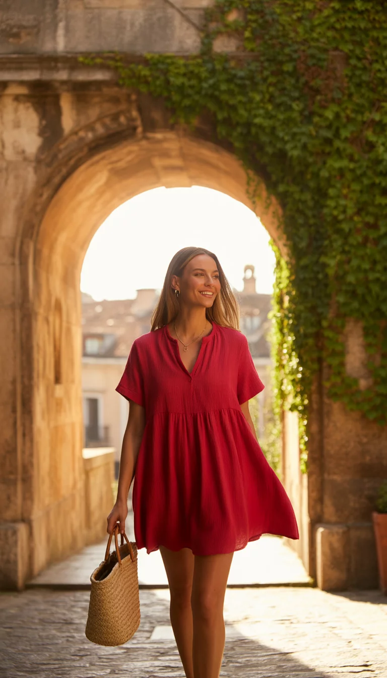 A beautiful woman confidently walking through a stone archway in a vibrant, short-sleeved red linen mini dress, carrying a straw tote, suggesting a hot, historic location.