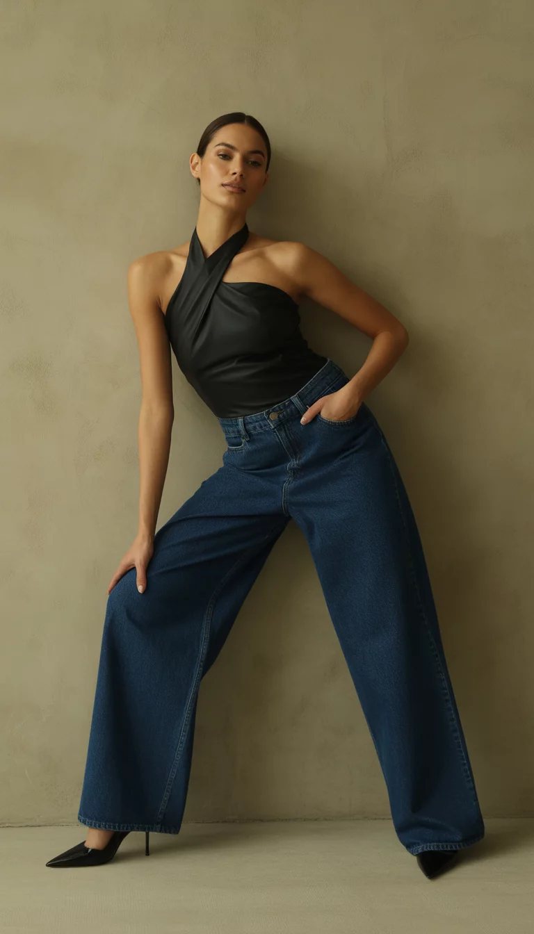 A beautiful woman in a black halter top, dark blue extremely wide-leg jeans, black pointed heels, against a neutral wall.
