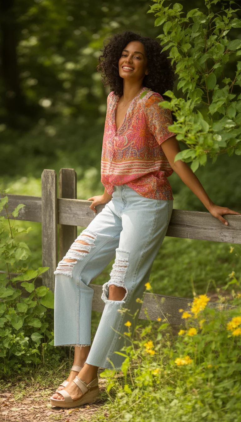 A beautiful woman in a colorful patterned pink and orange floral top, distressed straight-leg light wash jeans, platform sandals, outdoors with foliage.