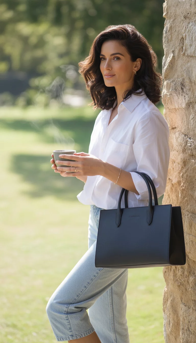 A beautiful woman in a white button-down shirt, light blue cropped jeans, she holds coffee and a black structured handbag, near a stone wall.