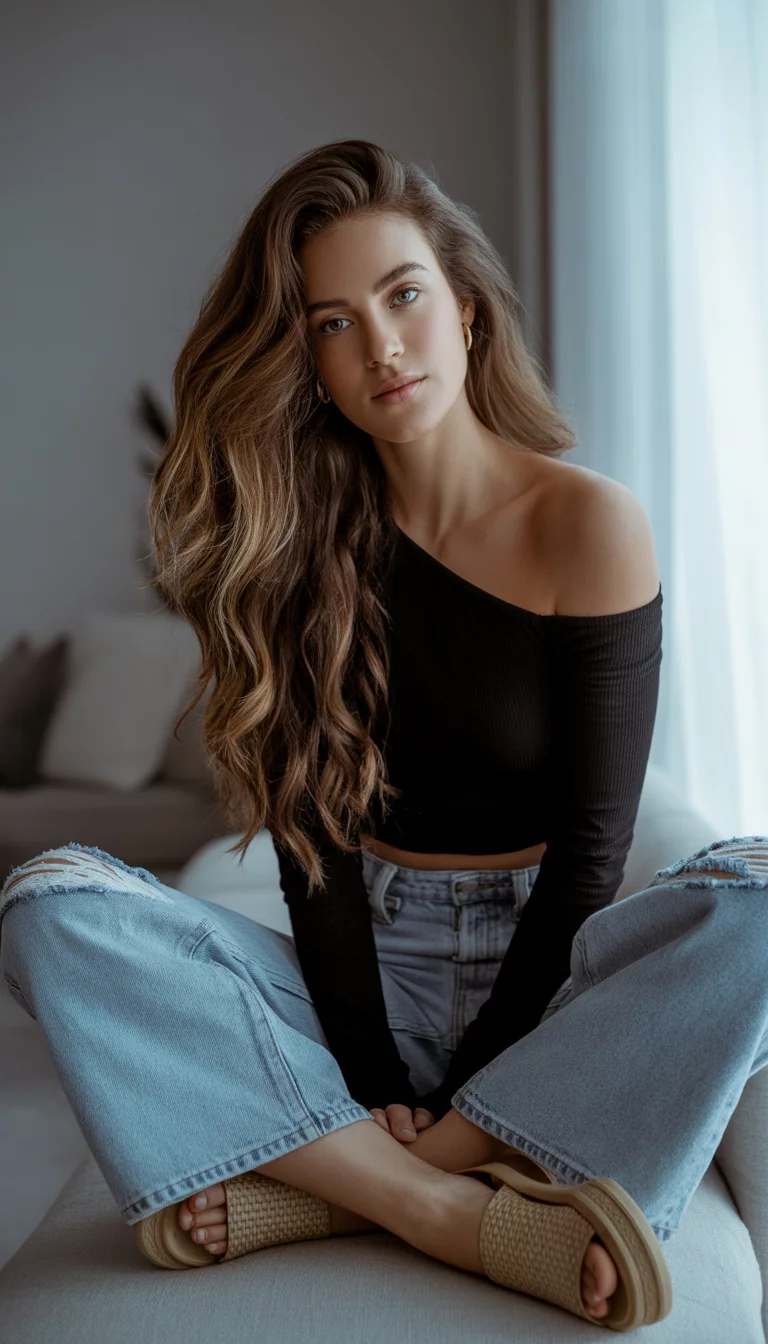 A beautiful woman in an off-the-shoulder black crop top, distressed wide-leg light wash jeans, woven platform sandals, indoors.