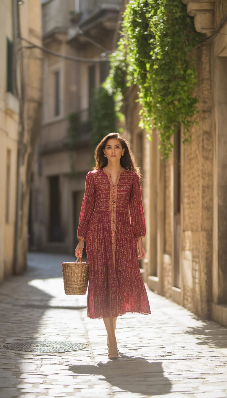 A beautiful woman in a patterned, long-sleeved red midi dress with gold accents, walking down a cobblestone alleyway between stone buildings, holding a woven basket bag.