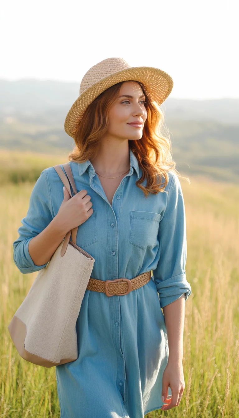 A beautiful woman in a light blue denim shirt dress tied at the waist, wearing lighter ankle boots and a wide brim hat, accessorized with a neutral tote bag outdoors.
