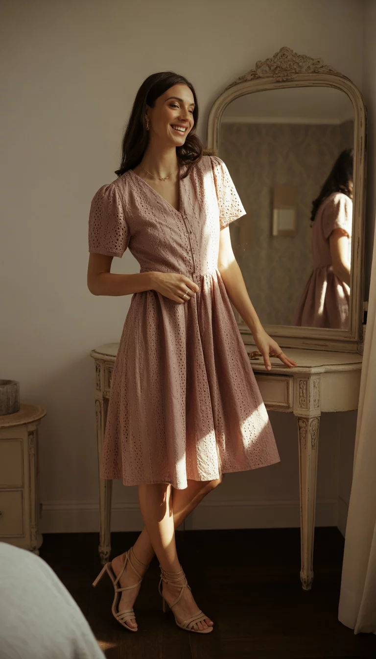 A beautiful woman in a dusty rose eyelet short-sleeve dress, smiling while wearing strappy nude high heels, taking an in-home mirror selfie.