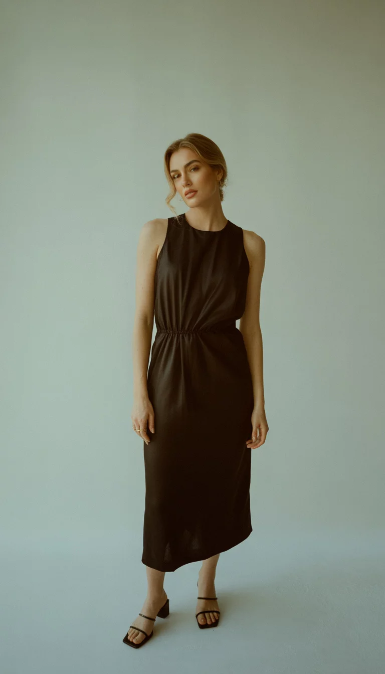 A beautiful woman in a sleek black sleeveless midi dress with a gathered waist, wearing square-toed black flat sandals, posing against a minimalist light-colored background.