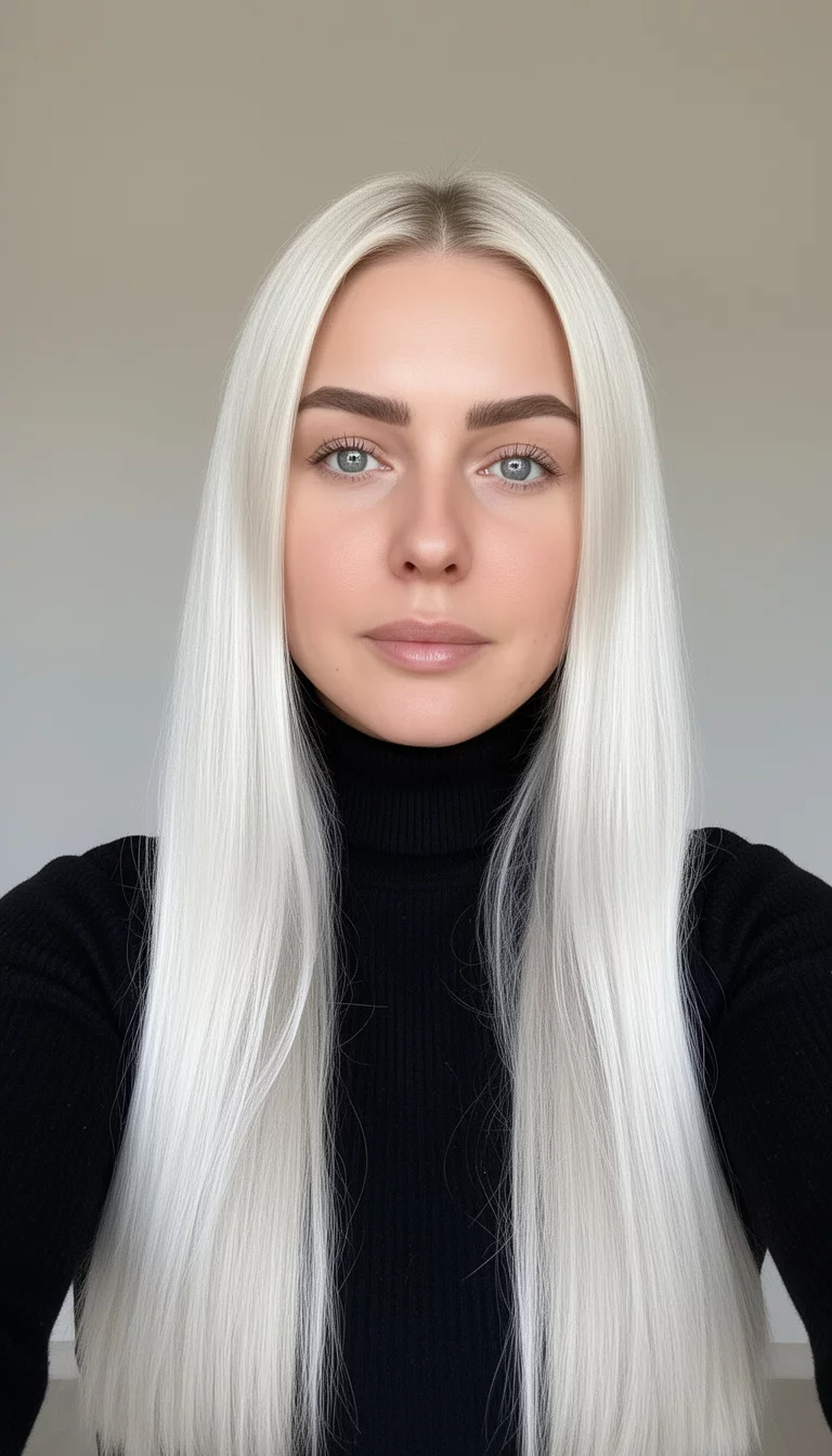 selfie of a 32-year-old woman wearing a black turtleneck with a High-Definition Platinum colored long, bright blonde hair, front view, minimal background